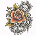 write the words "Maddy" and "daddy" together with the numbers "75" and "03"  tattoo design idea