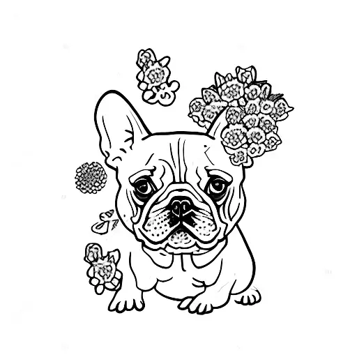 French bulldog surrounded by flowers tattoo design idea