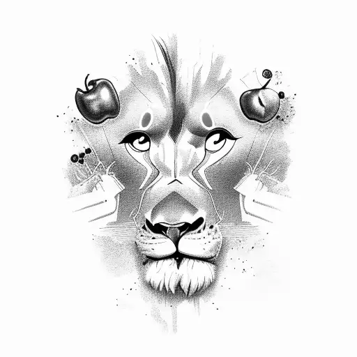 Lion Adam and Eve biting an apple disappearing  tattoo design idea