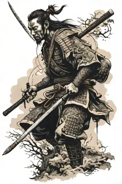 japanese samurai and japanese temple surrounded tattoo design idea