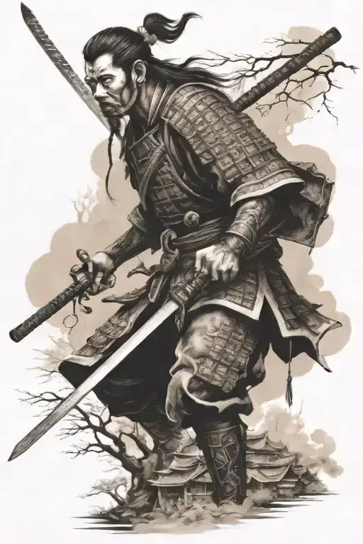 japanese samurai and japanese temple surrounded tattoo design idea