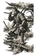 japanese samurai and japanese temple surrounded tattoo design idea