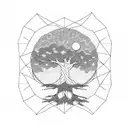 tree half with leafes half without above son and moon, scale next to it with the word balace beloe tattoo design idea
