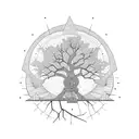 tree half with leafes half without above son and moon, scale next to it with the word balace beloe tattoo design idea