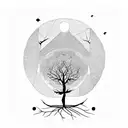 tree half with leafes half without above son and moon, scale next to it with the word balace beloe tattoo design idea