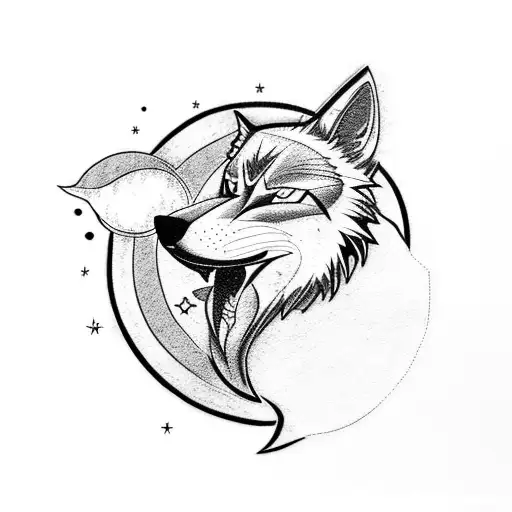 A blackwork tattoo of an anime-inspired wolf howling at a moon made of musical notes tattoo design idea