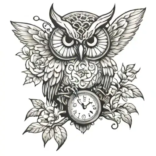 owl time clock tattoo design idea