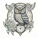 owl time clock tattoo design idea