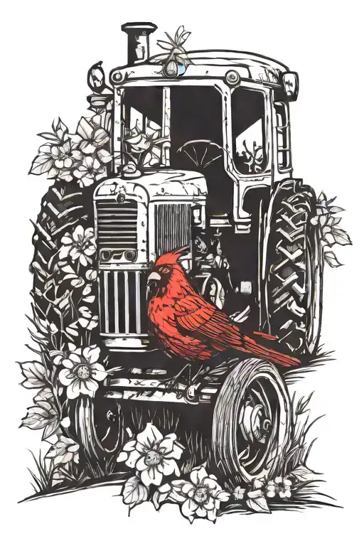 Old Tractor with red bird and flowers intertwined tattoo design idea