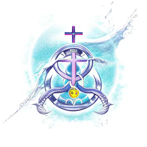 Aquarius sign with cross on her neck pouring water on Aries sign tattoo design idea