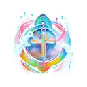 Aquarius sign with cross on her neck pouring water on Aries sign tattoo design idea