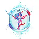 Aquarius sign with cross on her neck pouring water on Aries sign tattoo design idea