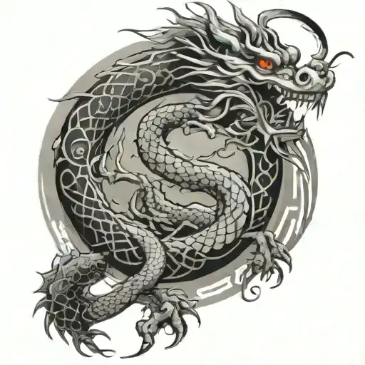 a chinese dragon or japenese with strengh,love, and peace written  in it. tattoo design idea