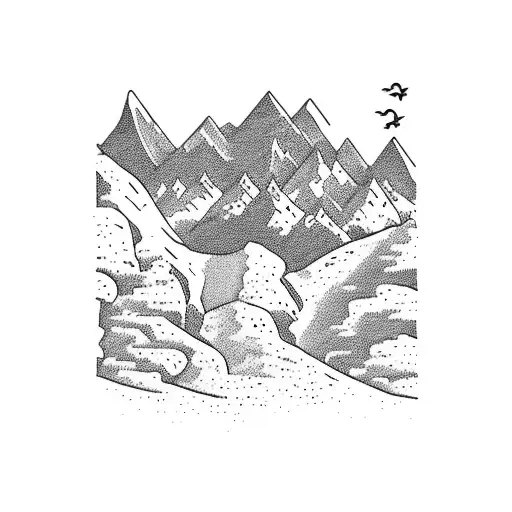 beach surrounded by limestone cliffs and rock formations with snow capped mountains in the background tattoo design idea