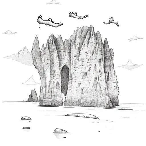beach surrounded by limestone cliffs and rock formations with snow capped mountains in the background tattoo design idea