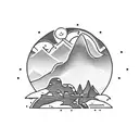 beach surrounded by limestone cliffs and rock formations with snow capped mountains in the background tattoo design idea