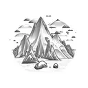 beach surrounded by limestone cliffs and rock formations with snow capped mountains in the background tattoo design idea