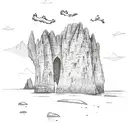 beach surrounded by limestone cliffs and rock formations with snow capped mountains in the background tattoo design idea