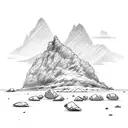 beach surrounded by limestone cliffs and rock formations with snow capped mountains in the background tattoo design idea