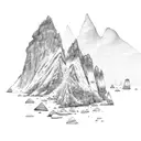 beach surrounded by limestone cliffs and rock formations with snow capped mountains in the background tattoo design idea