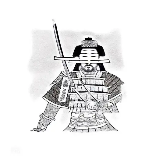 A majestic samurai standing in front of a traditional Japanese building tattoo design idea