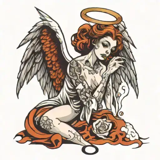 fallen female angel smoking a cigarette tattoo design idea
