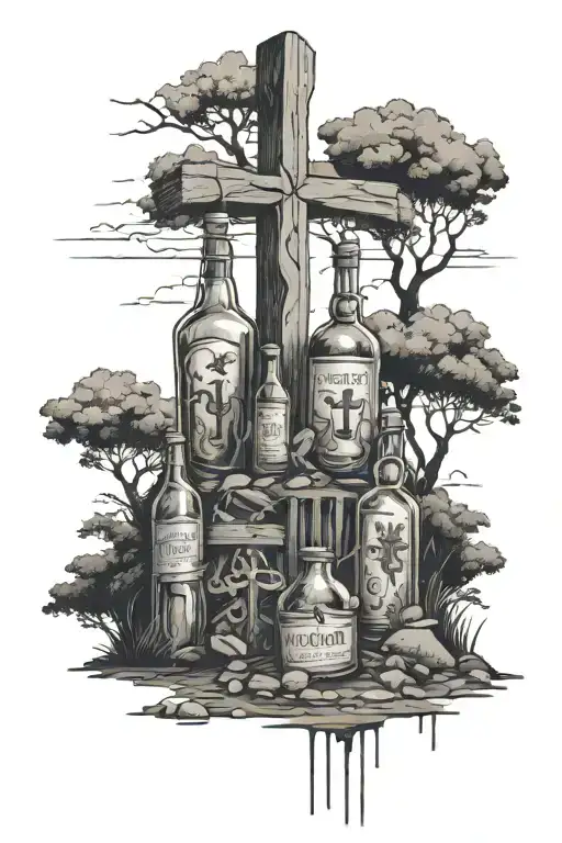 crosses on a hill and a cage at the bottom of the hill left open with empty bottles of alcohol tattoo design idea