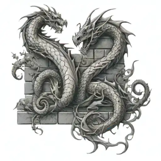 dragon wrapped around brick wall wrapped in vine tattoo design idea