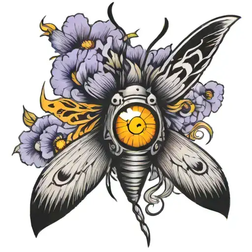 moth with human eyes in wings and flames in the iris tattoo design idea