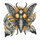 moth with human eyes in wings and flames in the iris tattoo design idea