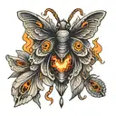 moth with human eyes in wings and flames in the iris tattoo design idea