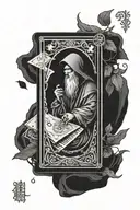 the hermit tarot card extending out of cards frame  tattoo design idea