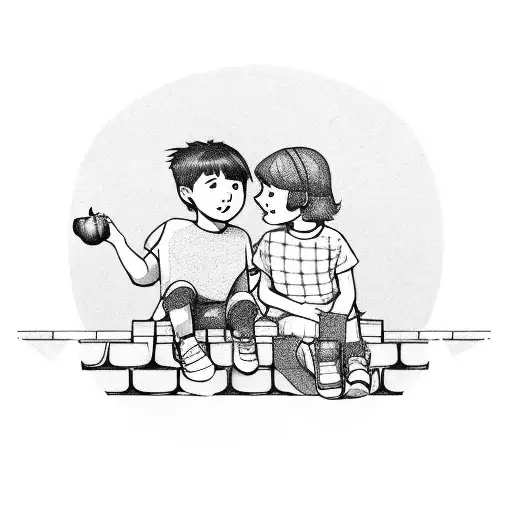 boy and girl sitting on a high brick fence eating apples tattoo design idea