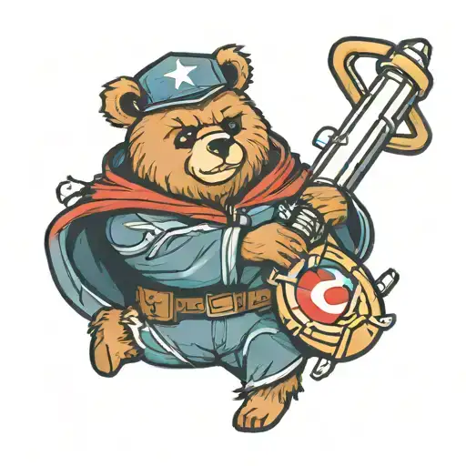 Graduation Bear from Kanye West's album holding both a light saber from Star Wars and Captain America's shield tattoo design idea