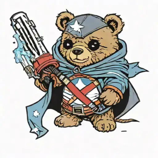 Graduation Bear from Kanye West's album "Graduation" holding a light saber from Star Wars and Captain America's shield tattoo design idea