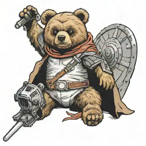 Graduation Bear from Kanye West's album "Graduation" holding a light saber from Star Wars and Captain America's shield tattoo design idea