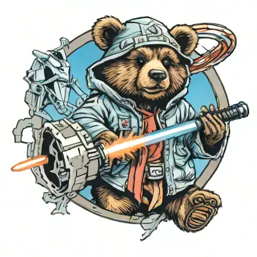 Graduation Bear from Kanye West's album "Graduation" holding a light saber from Star Wars and Captain America's shield tattoo design idea