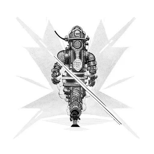 A cyberpunk firefighter battling a robotic dragon tattoo design idea