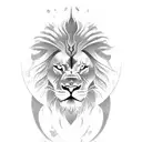 create a tattoo. Black and white  Realism. A spartan standing in a lion's face  tattoo design idea