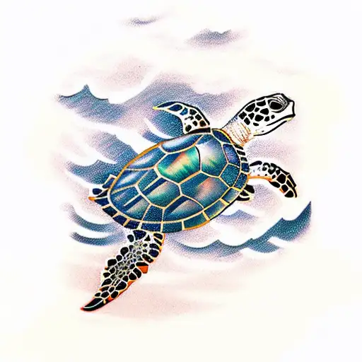 sea turtle swimming through wave tattoo design idea