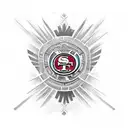 Design a tattoo of an Aztec eagle warrior holding a football with the 49ers logo, set against a backdrop of iconic Mexican landmarks tattoo design idea