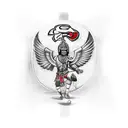 Design a tattoo of an Aztec eagle warrior holding a football with the 49ers logo, set against a backdrop of iconic Mexican landmarks tattoo design idea