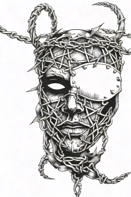 a joyful mask in barbed wire to which shadows stretch tattoo design idea