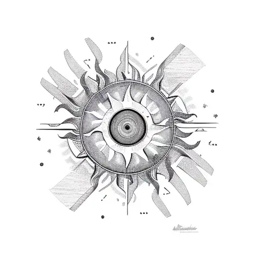 A sun-shaped vinyl record with reeds and musical notes as the grooves tattoo design idea