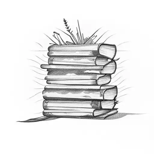 A stack of books with a reed wrapped around them, symbolizing the client's love for reading and nature tattoo design idea