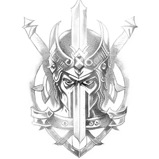 A blackwork tattoo of a Spartan warrior with the Spanish coat of arms tattoo design idea