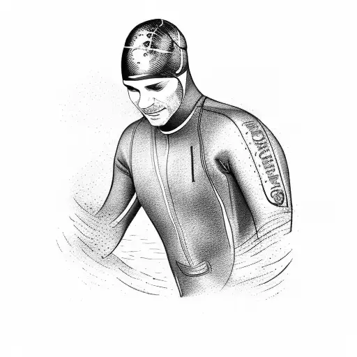 man in wetsuit and swim cap with bike over shoulders running tattoo design idea
