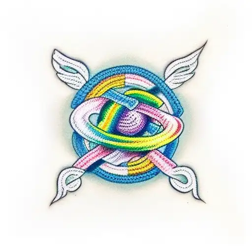 A traditional-style crochet hook intertwined with a rainbow-colored yarn ball tattoo design idea