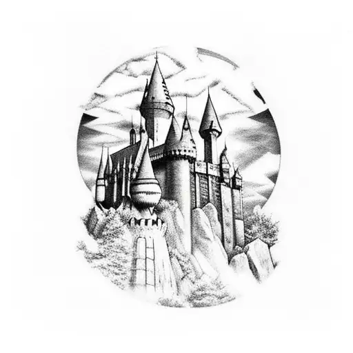 Combine Pikachu and Hogwarts castle in a mystical landscape tattoo design idea