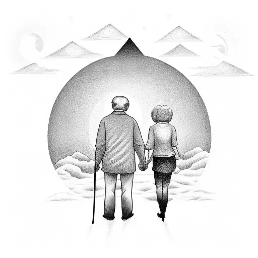 a granddad, grandmother and a grand son holding hands as they walk towards the sunset on a empty mountain road tattoo design idea